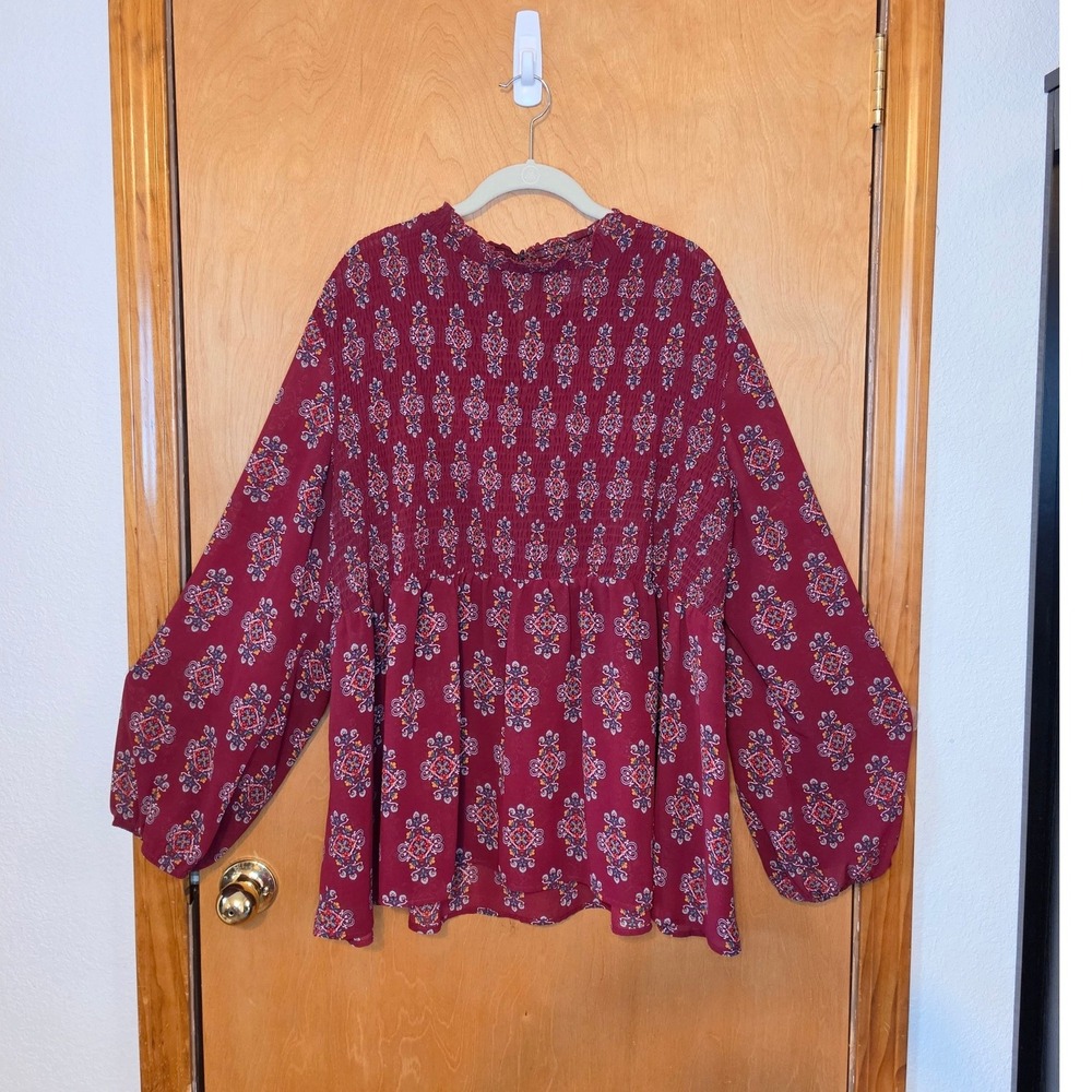 Clover + Scout Burgundy Medallion Smocked Babydoll Blouse Top 3X Boho
